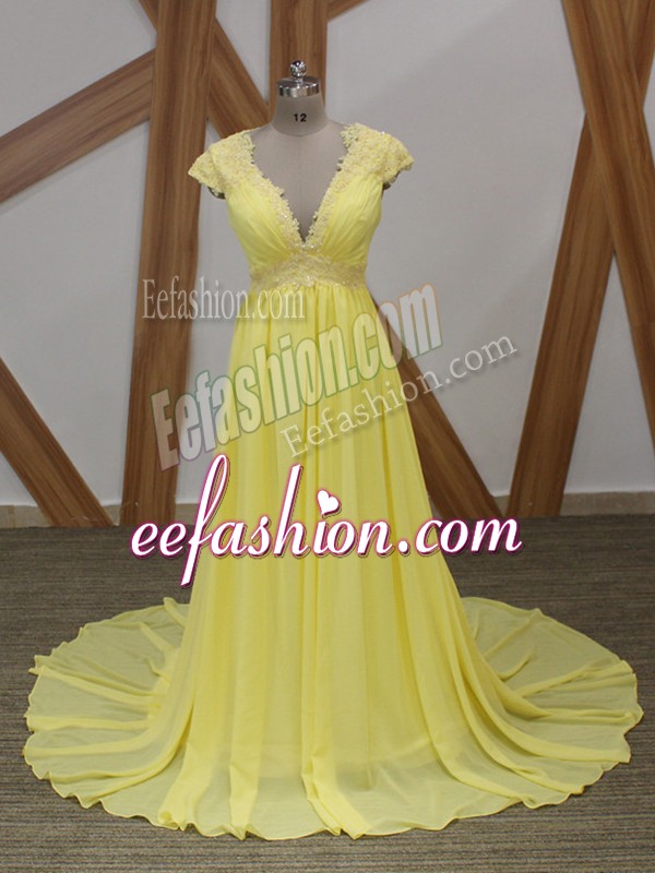  Yellow Short Sleeves Chiffon Brush Train Zipper Prom Party Dress for Prom and Military Ball and Sweet 16