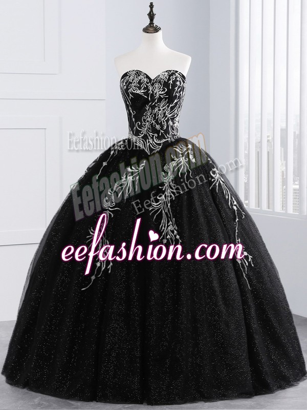 Romantic Floor Length Lace Up Vestidos de Quinceanera Black for Military Ball and Sweet 16 and Quinceanera with Embroidery