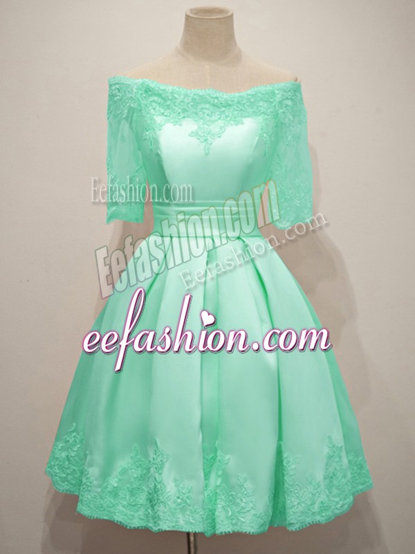 Knee Length Turquoise Quinceanera Dama Dress Taffeta Half Sleeves Lace