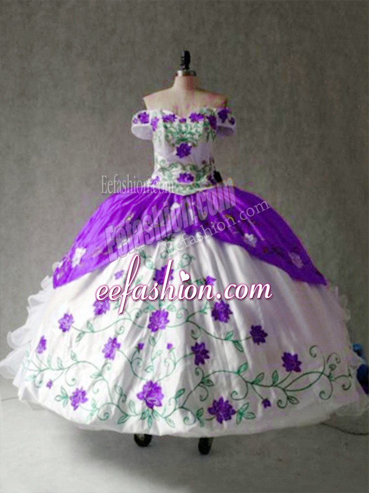 On Sale Ball Gowns Quinceanera Gowns White And Purple Off The Shoulder Organza and Taffeta Cap Sleeves Floor Length Lace Up