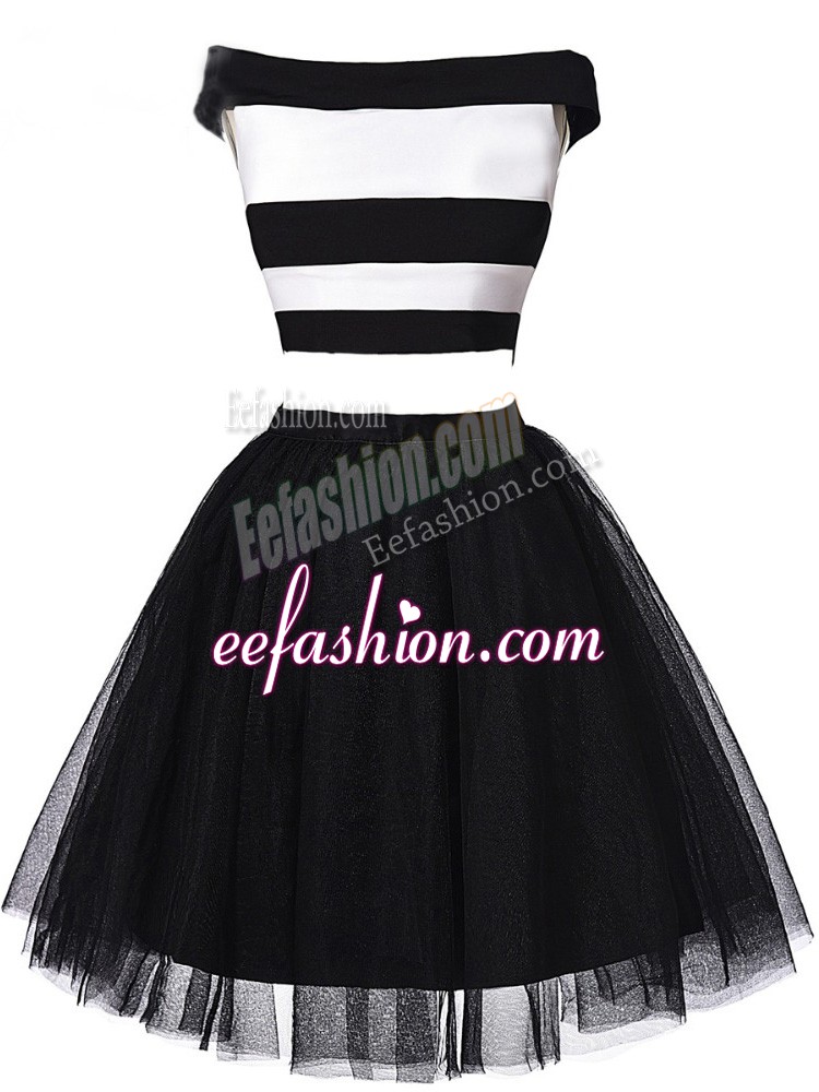 New Style White And Black Two Pieces Off The Shoulder Sleeveless Tulle Mini Length Zipper Ruching Dress for Prom