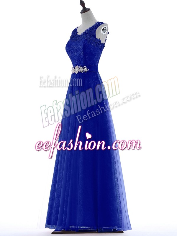 Elegant Royal Blue A-line Tulle V-neck Sleeveless Beading and Lace Floor Length Zipper Prom Dress