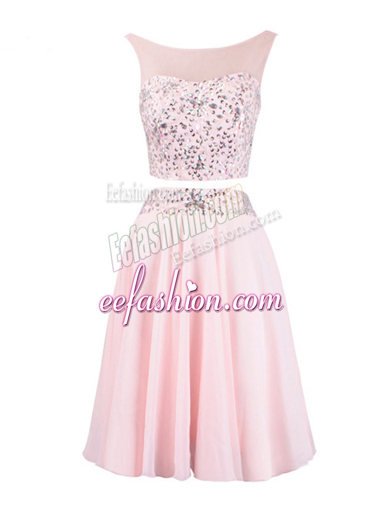 Popular Knee Length Zipper Prom Dresses Baby Pink for Prom and Party and Military Ball and Sweet 16 with Beading