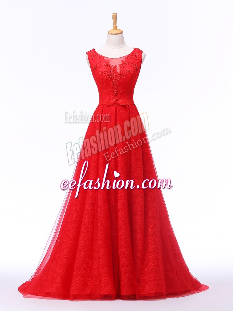 Customized A-line Sleeveless Red Evening Wear Brush Train Lace Up