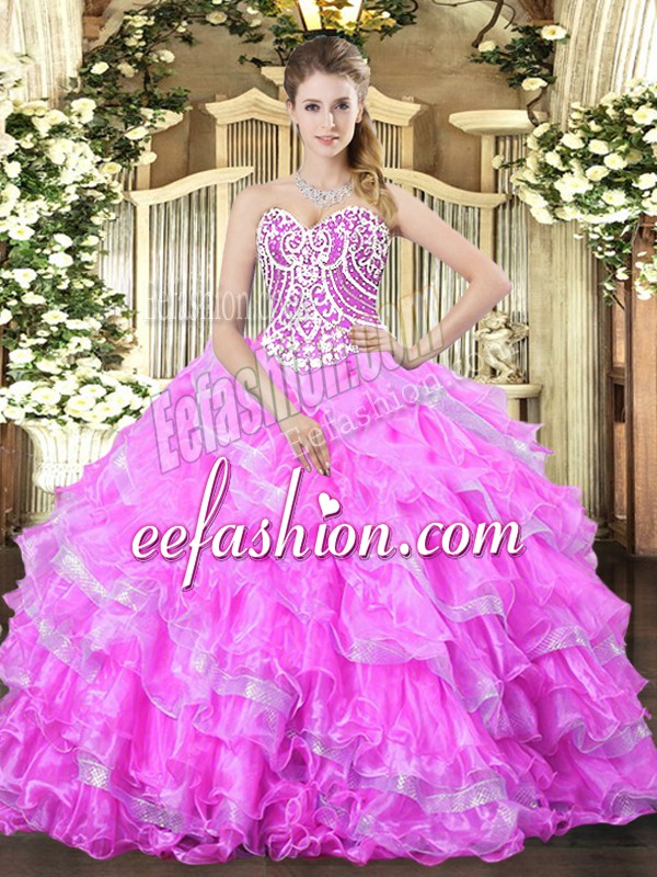  Lilac Sleeveless Floor Length Beading and Ruffled Layers Lace Up Quinceanera Gowns
