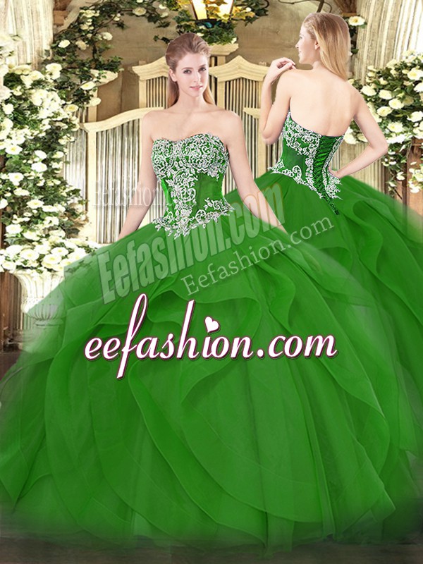  Green Tulle Lace Up Quinceanera Dress Sleeveless Floor Length Beading and Ruffles