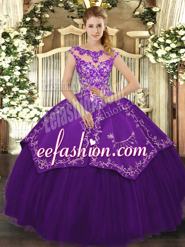  Purple Scoop Neckline Beading and Embroidery Vestidos de Quinceanera Cap Sleeves Lace Up