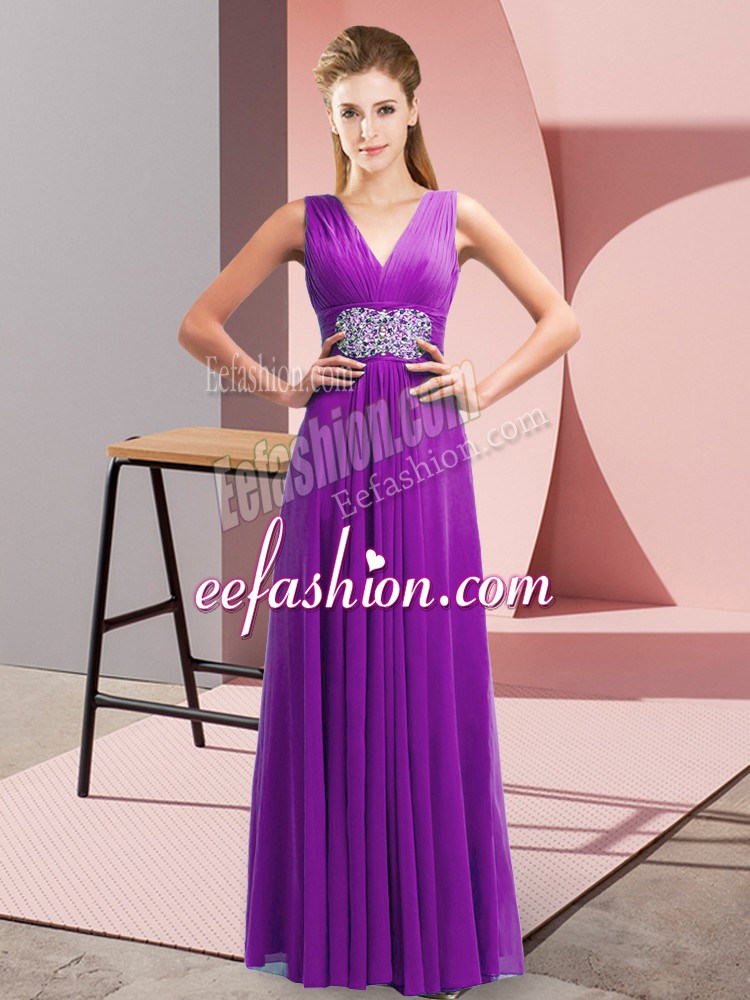  Floor Length Empire Sleeveless Purple Prom Gown Side Zipper
