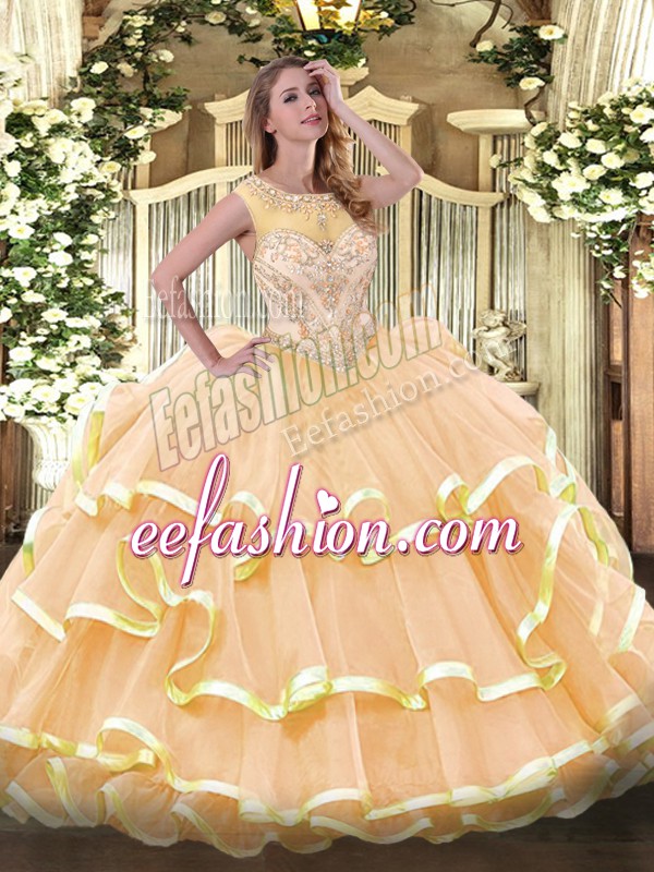 Colorful Peach Quinceanera Gowns Prom and Sweet 16 and Quinceanera with Beading and Ruffled Layers Scoop Sleeveless Zipper