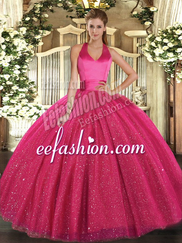  Hot Pink Sleeveless Floor Length Sequins Lace Up Quinceanera Dress