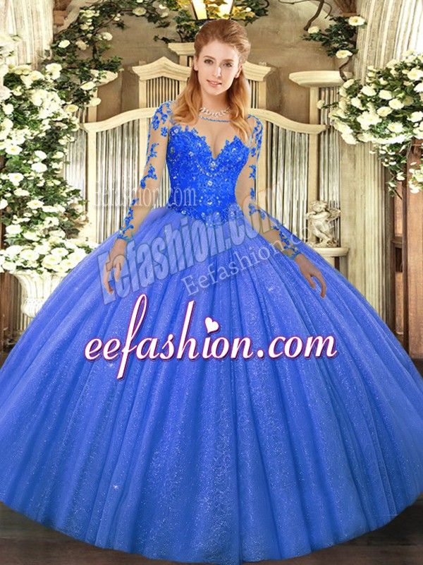  Blue Sweet 16 Dresses Military Ball and Sweet 16 and Quinceanera with Lace Scoop Long Sleeves Lace Up