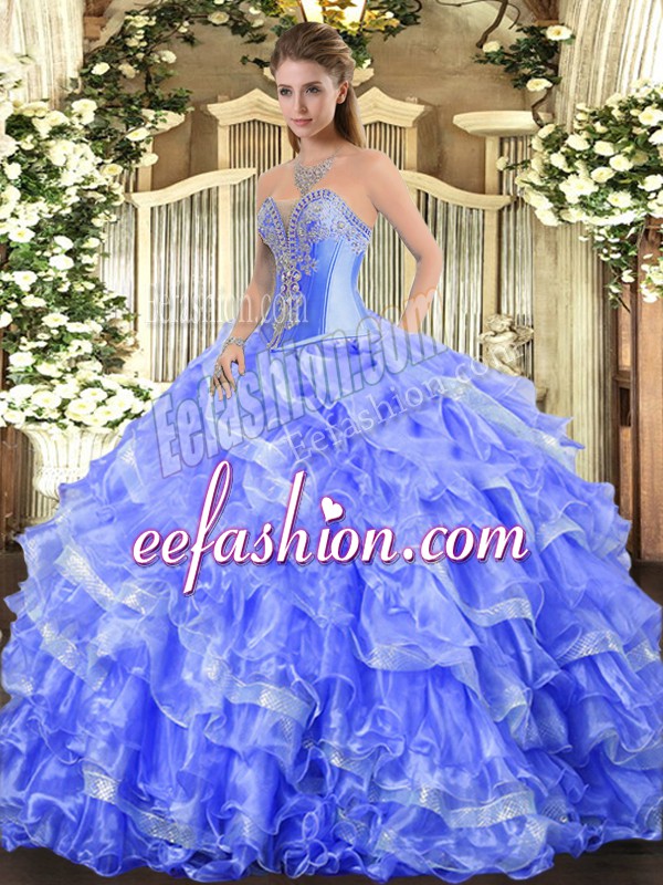  Blue Ball Gown Prom Dress Military Ball and Sweet 16 and Quinceanera with Beading and Ruffled Layers Sweetheart Sleeveless Lace Up