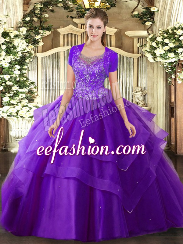 Lovely Purple Clasp Handle Scoop Beading and Ruffles Quinceanera Gowns Tulle Sleeveless
