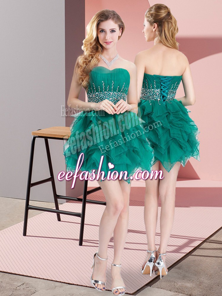 Custom Fit A-line Evening Dress Green Sweetheart Tulle Sleeveless Mini Length Lace Up