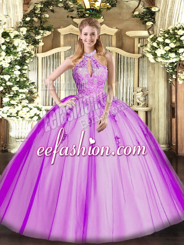 Luxury Fuchsia Sleeveless Lace and Appliques Floor Length Quinceanera Dress