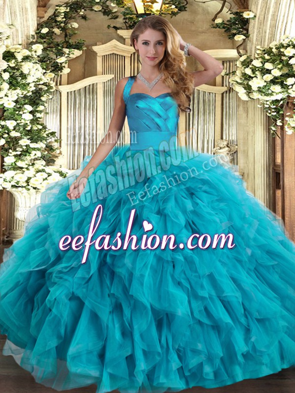 New Style Halter Top Sleeveless Lace Up Vestidos de Quinceanera Teal Tulle