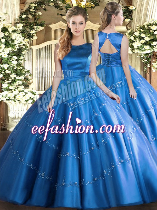  Floor Length Baby Blue Quinceanera Gowns Tulle Sleeveless Appliques