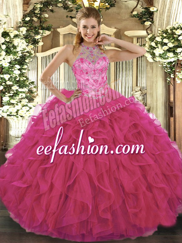  Floor Length Lace Up Quinceanera Gown Hot Pink for Military Ball and Sweet 16 and Quinceanera with Beading and Embroidery