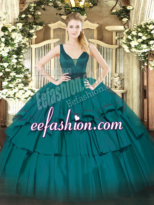 Simple Teal Sleeveless Beading and Ruffled Layers Floor Length Quinceanera Dresses
