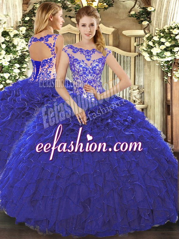 Stylish Royal Blue Ball Gowns Organza Scoop Cap Sleeves Beading and Ruffles Floor Length Lace Up Quinceanera Gown