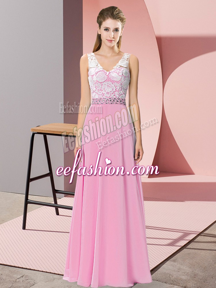 Sexy Rose Pink Empire Beading Homecoming Dress Backless Chiffon and Lace Sleeveless Floor Length