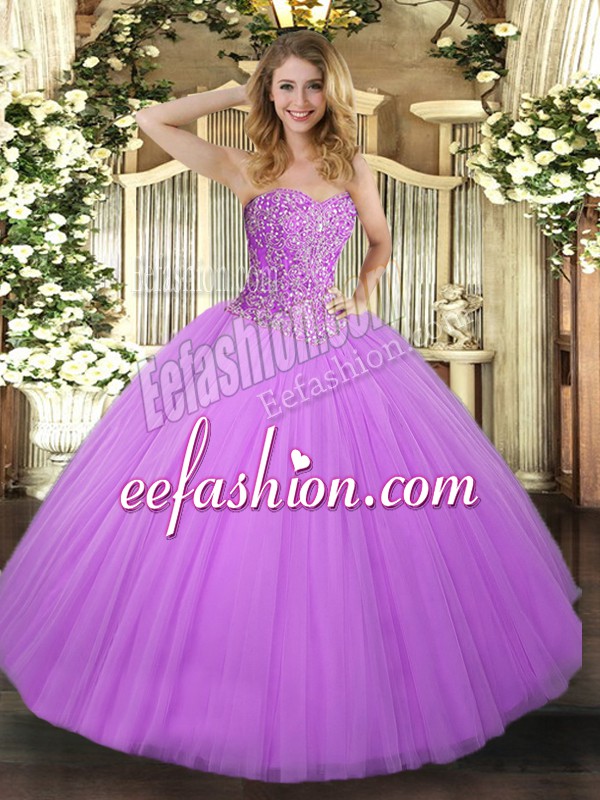 Smart Lilac Lace Up Sweetheart Beading Ball Gown Prom Dress Tulle Sleeveless