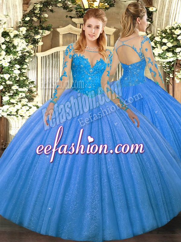  Baby Blue Ball Gowns Lace Sweet 16 Quinceanera Dress Lace Up Tulle Long Sleeves Floor Length