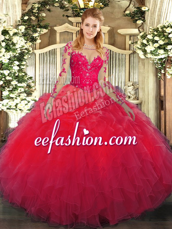 Great Floor Length Red Quinceanera Dresses Scoop Long Sleeves Lace Up