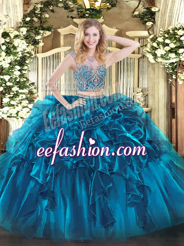 Custom Fit Sleeveless Beading and Ruffles Lace Up Quince Ball Gowns