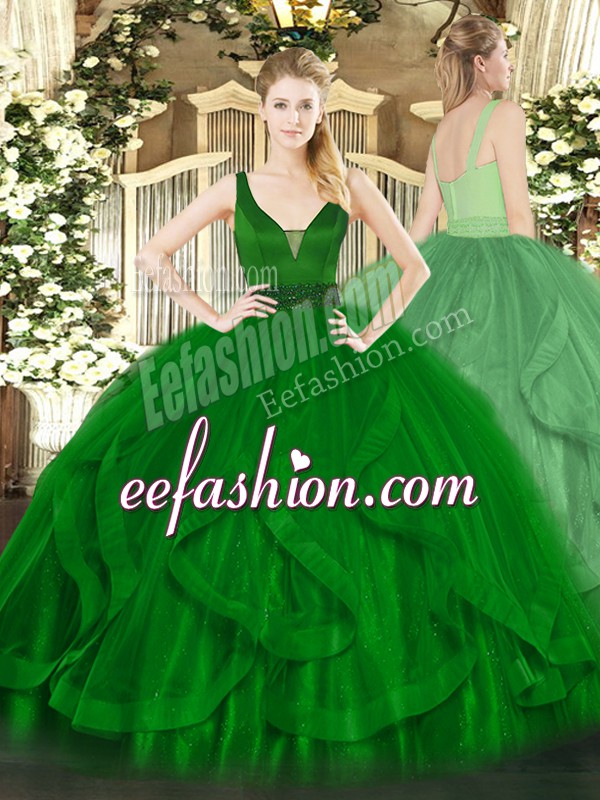  Sleeveless Floor Length Beading and Ruffles Zipper Ball Gown Prom Dress with Dark Green