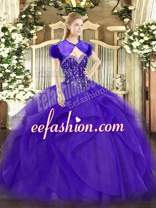  Purple Lace Up Sweetheart Beading and Ruffles 15th Birthday Dress Tulle Sleeveless