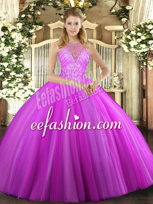 Custom Design Sleeveless Tulle Floor Length Lace Up Ball Gown Prom Dress in Fuchsia with Beading