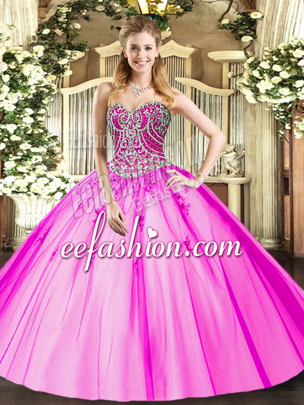 Lilac Ball Gowns Beading and Appliques Sweet 16 Dress Lace Up Tulle Sleeveless Floor Length