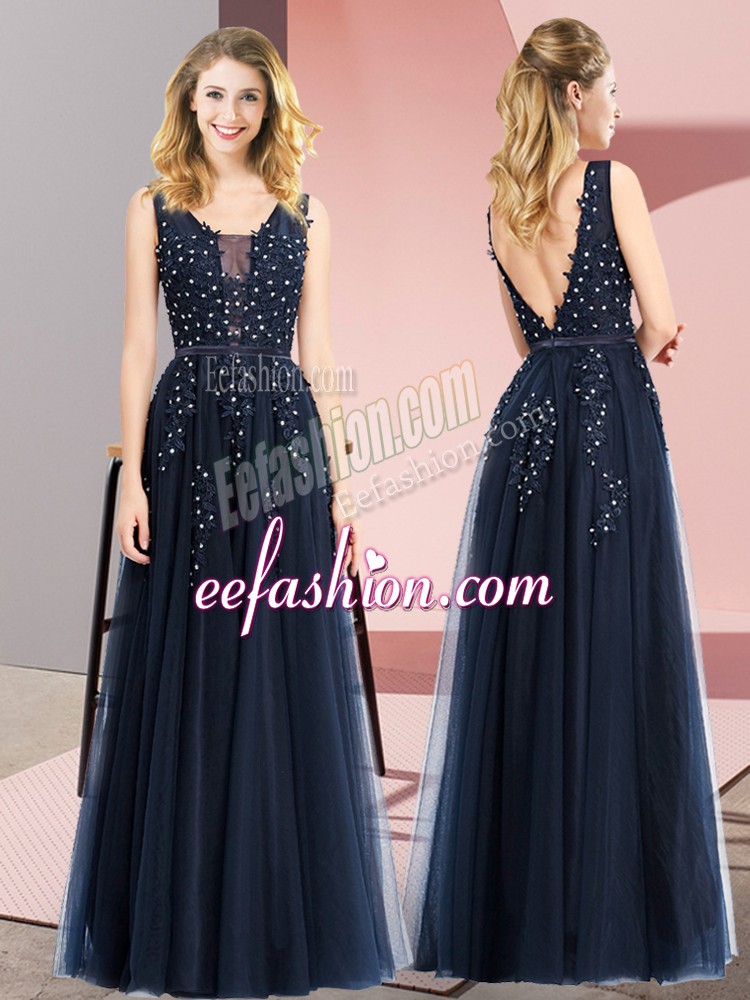 Ideal Tulle Sleeveless Floor Length Evening Dress and Beading and Appliques