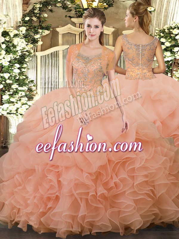 Lovely Floor Length Ball Gowns Sleeveless Peach Quince Ball Gowns Clasp Handle