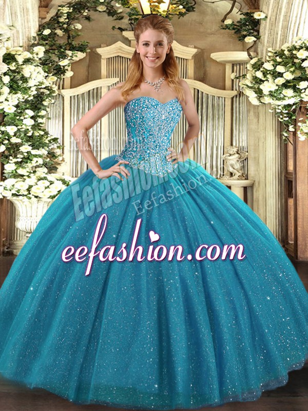  Teal Lace Up Sweetheart Beading Sweet 16 Quinceanera Dress Tulle Sleeveless