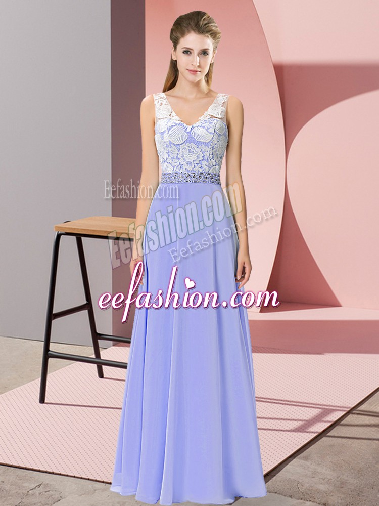 Luxurious Floor Length Backless Evening Dress Lavender for Prom and Party with Beading