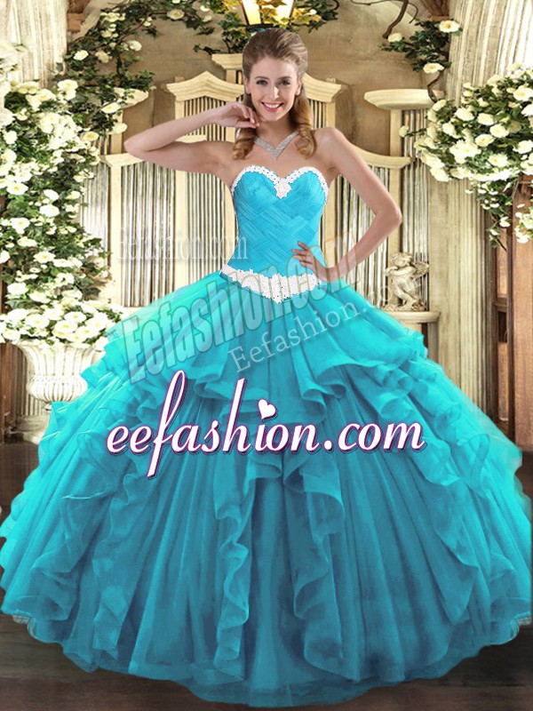 Cute Floor Length Lace Up 15th Birthday Dress Aqua Blue for Military Ball and Sweet 16 and Quinceanera with Appliques and Ruffles