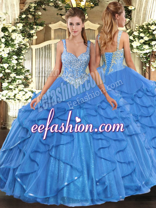 Custom Made Baby Blue Straps Lace Up Beading and Ruffles Ball Gown Prom Dress Sleeveless