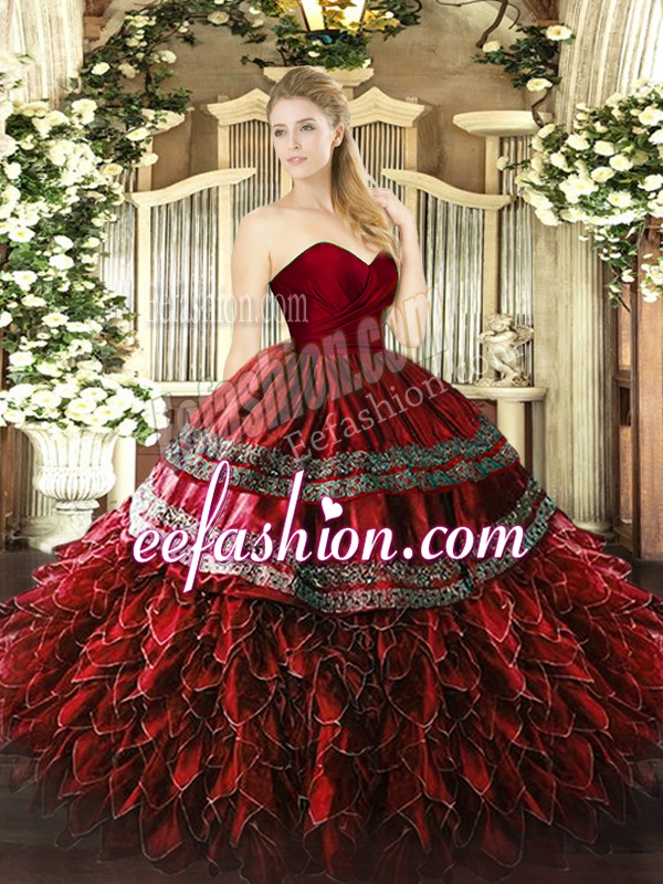  Wine Red Sleeveless Embroidery and Ruffles Floor Length Quinceanera Dress