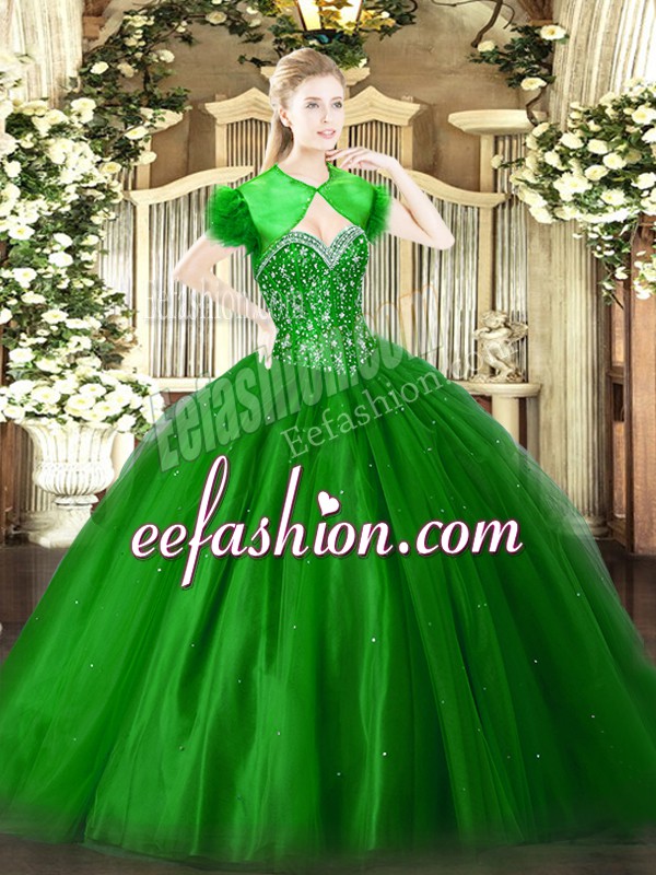 Modest Floor Length Green 15 Quinceanera Dress Tulle Sleeveless Beading