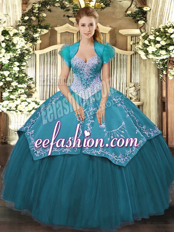  Teal Ball Gowns Beading and Embroidery Vestidos de Quinceanera Lace Up Satin and Tulle Sleeveless Floor Length