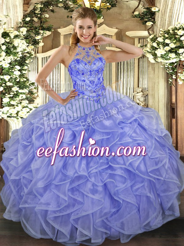 Fancy Lavender Ball Gowns Halter Top Sleeveless Organza Asymmetrical Lace Up Beading and Ruffles Quinceanera Dresses