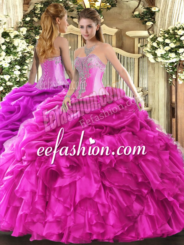 Sweet Sweetheart Sleeveless Ball Gown Prom Dress Floor Length Beading and Ruffles and Pick Ups Hot Pink Organza