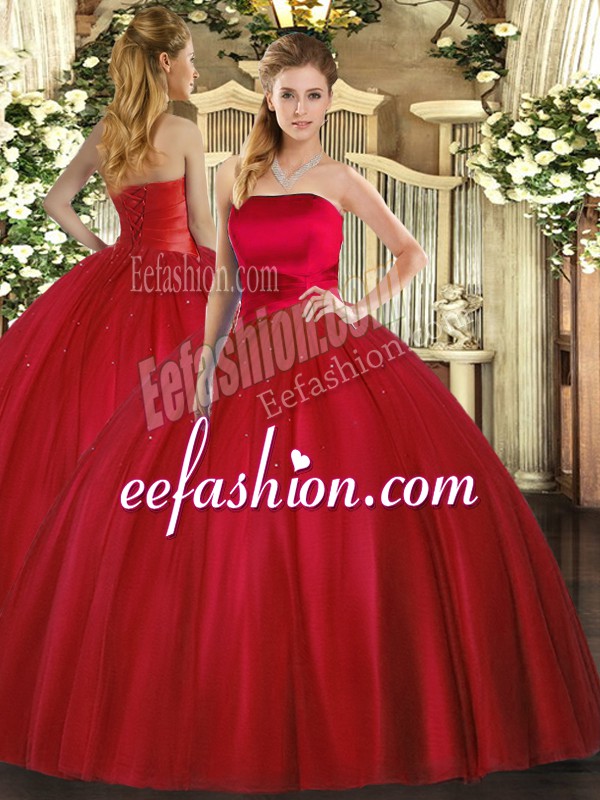 Stunning Floor Length Ball Gowns Sleeveless Red 15 Quinceanera Dress Lace Up