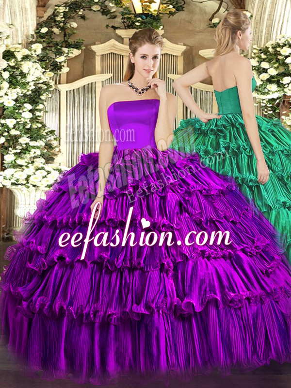  Purple Organza Zipper Strapless Sleeveless Floor Length Sweet 16 Quinceanera Dress Ruffled Layers