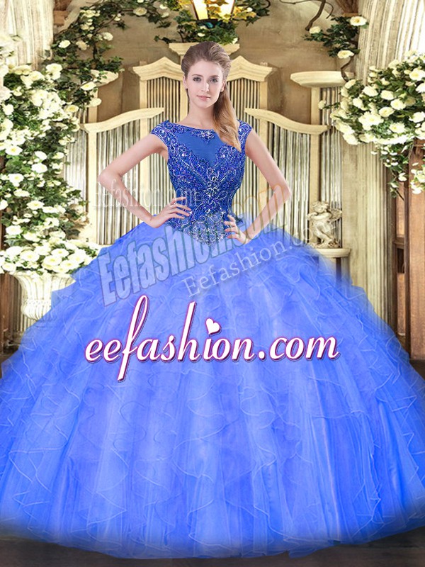 Chic Tulle Scoop Sleeveless Zipper Beading and Ruffles Quinceanera Gowns in Blue