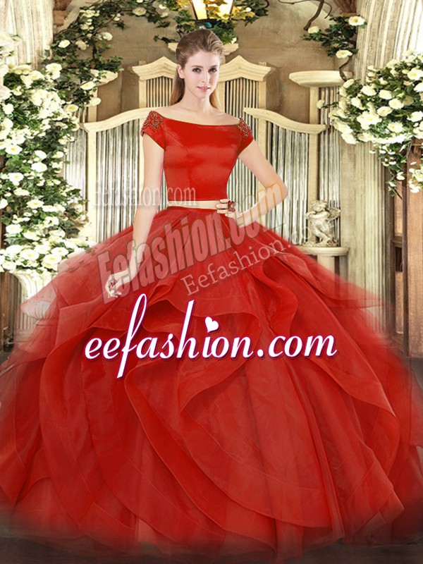 Customized Red Sweet 16 Dresses Military Ball and Sweet 16 and Quinceanera with Appliques and Ruffles Off The Shoulder Short Sleeves Zipper