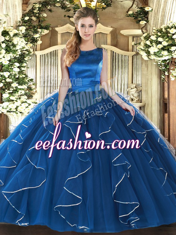 New Style Blue Ball Gowns Scoop Sleeveless Tulle Floor Length Lace Up Ruffles Sweet 16 Dress
