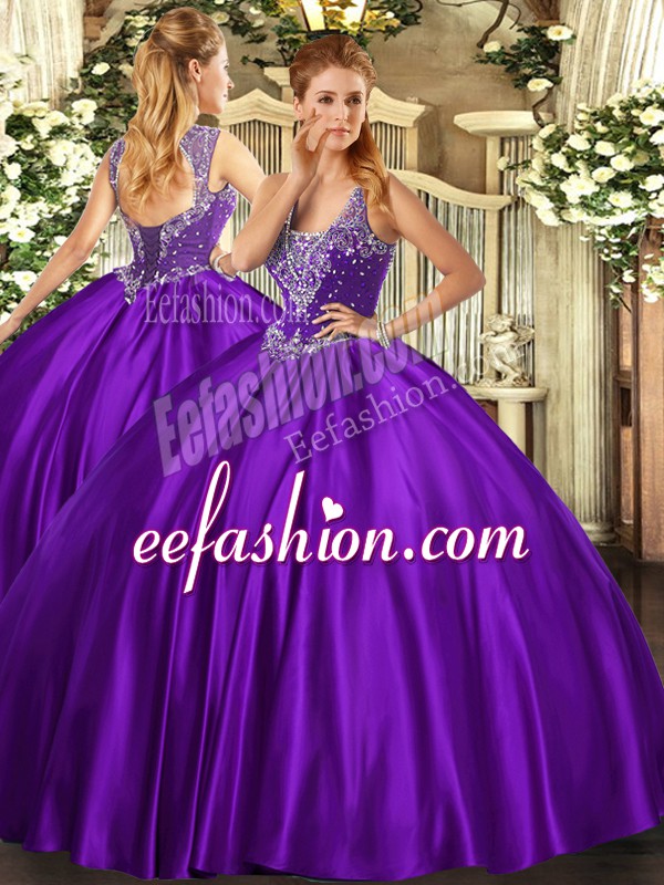 Elegant Purple Lace Up Quinceanera Dress Beading Sleeveless Floor Length